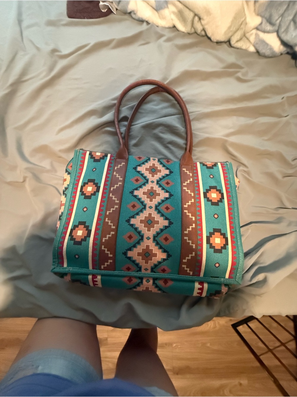 Wrangler Turquoise Aztec Tote with Brown Handles